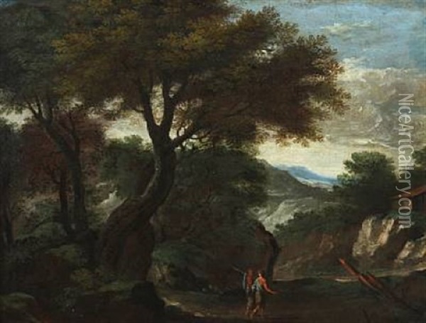 Two Wanderers In A Rocky Landscape With Tall Trees Oil Painting - Herman Saftleven