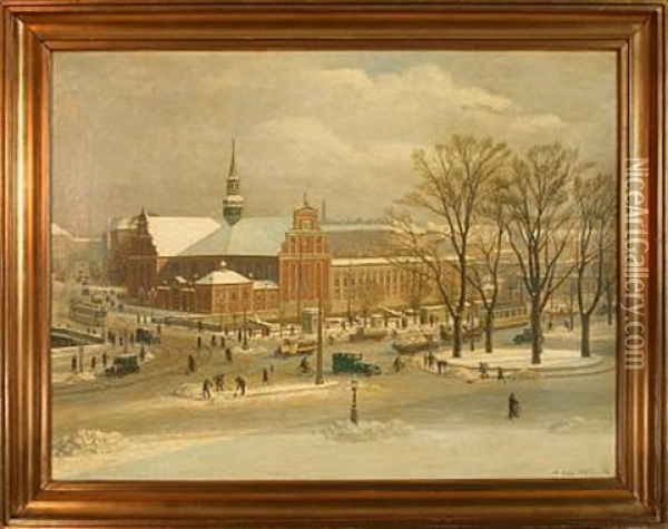 Winter Day At Holmens Cathedral, Denmark Oil Painting - Axel Hou