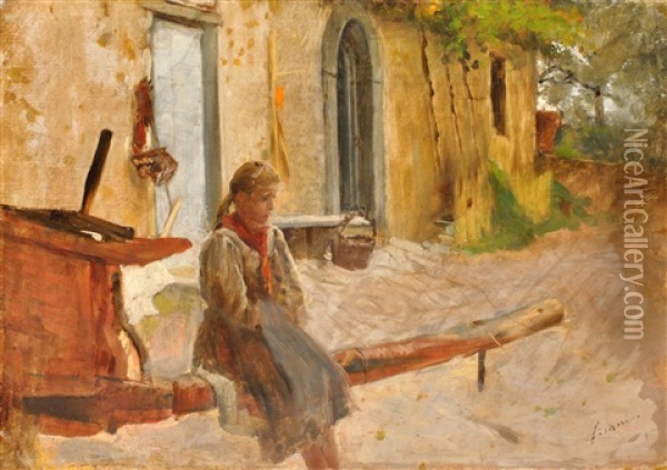 Bambina Alla Stanga Oil Painting - Cesare Ciani