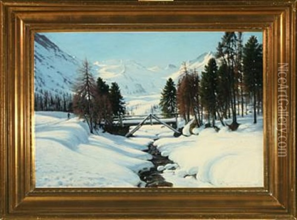 A Snow Covered Landscape In Oberengadin, Switzerland Oil Painting - Sigvard Marius Hansen