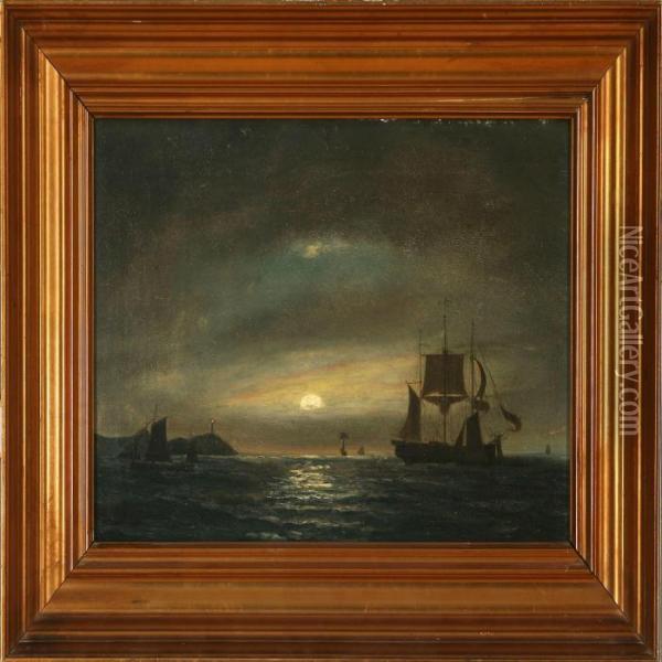 Seascape In Moonlight Oil Painting - Carl Ludwig Bille