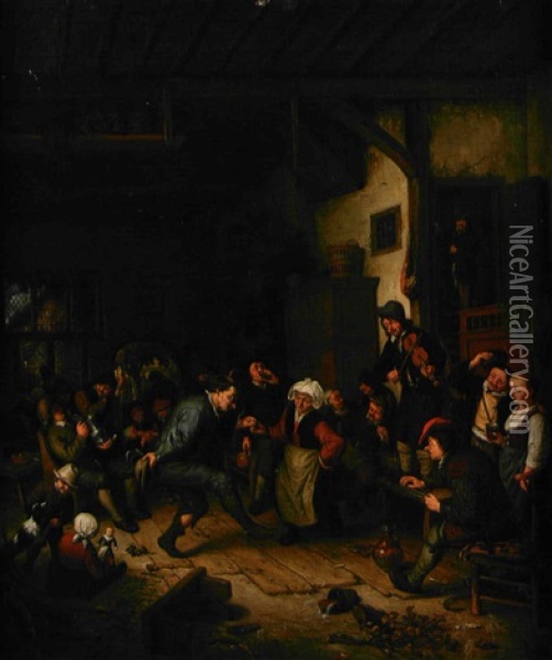 Danse Paysanne Dans Une Auberge (after Adriaen Van Ostade) Oil Painting - Cornelis Dusart