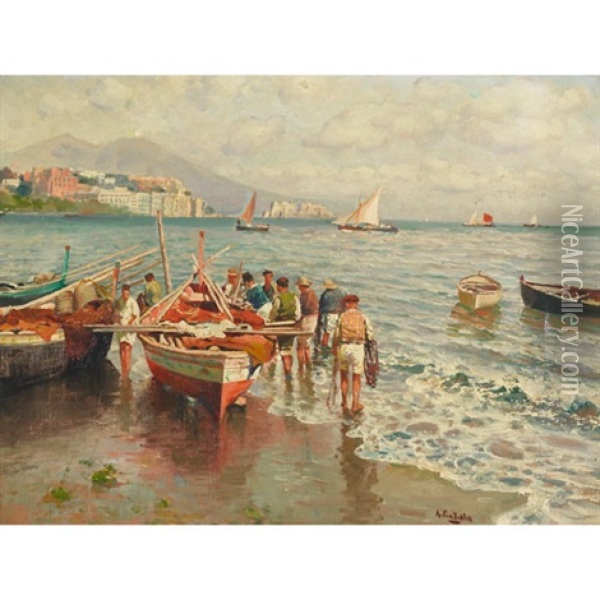 Fishing Boats Preparing For Departure Oil Painting - Attilio Pratella