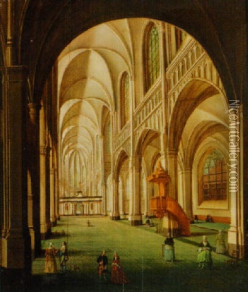 A Church Interior With Figures Oil Painting - Jean-Baptiste Dusillion