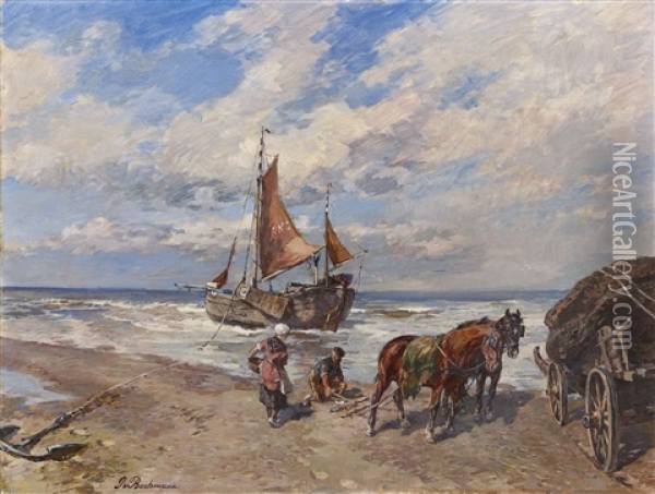 Coastal Landscape With Fishermen And Horsecart Oil Painting - Gregor von Bochmann the Elder