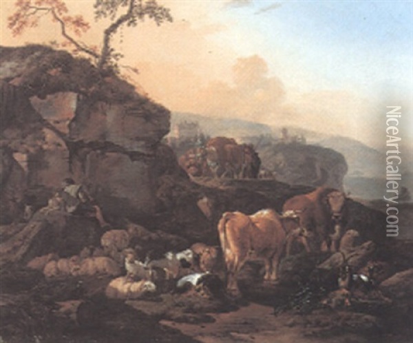 Italianate Landscape With A Young Shepherd Resting With Aninals, A Town Beyond Oil Painting - Johann Heinrich Roos