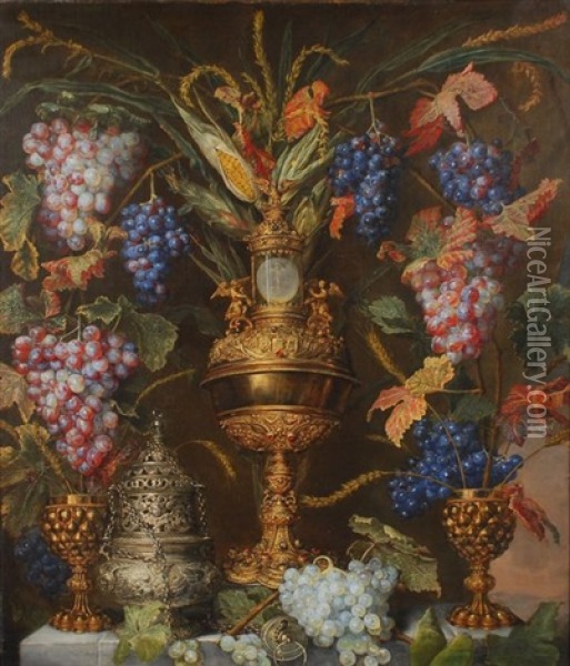 Tablette Garnie D'argenterie Precieuse, De Grappes De Raisin Et D'epis De Mais Oil Painting - Petrus Willebeeck