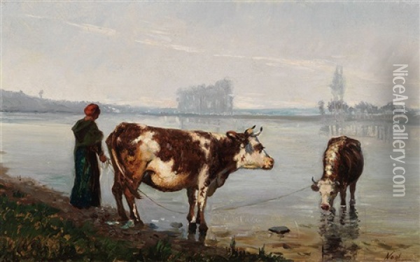 Cattle Watering Oil Painting - Adolphe Vogt