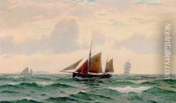 Sejlskib Og Fiskerbade Pa Havet Oil Painting - Christian Benjamin Olsen