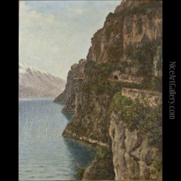La Strada Del Ponale Sul Lago Di Garda Oil Painting - Christian Bernh. Severin Berthelsen