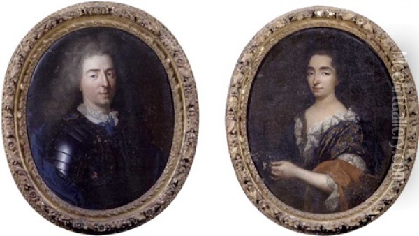 Portrait D'homme A La Cuirasse (+ Portrait De Femme Au Bouquet De Fleurs; Pair) Oil Painting - Hyacinthe Rigaud