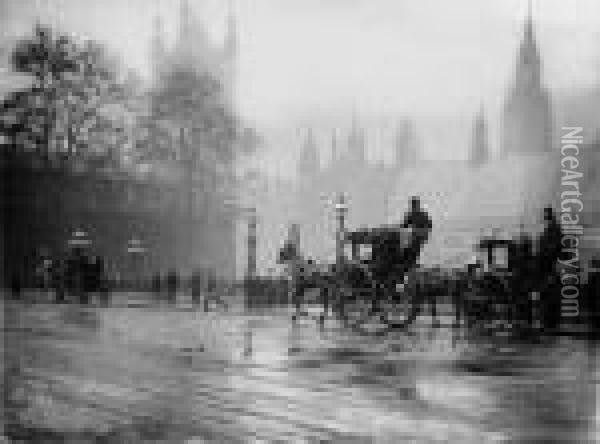 London Street Scene, Early 1900s Oil Painting - Leonard Misonne