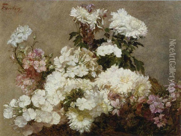 White Phlox, Summer Chrysanthemum And Larkspur Oil Painting - Henri Fantin-Latour