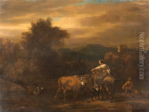 Hirtin Mit Kuhen Und Schafen Oil Painting - Nicolaes Petersz Berchem