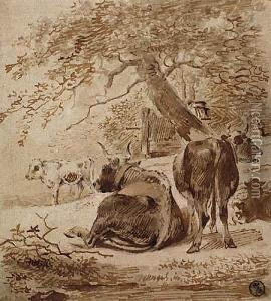 Landscape With Three Cows And Two Sheep Under A Tree<</b> Oil Painting - Johann Christian Klengel