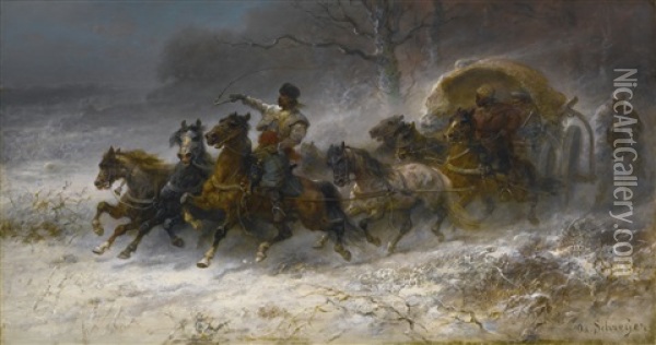 Wallachians On The Move In A Winter Landscape Oil Painting - Adolf Schreyer