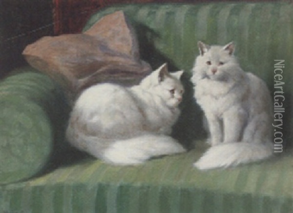 Two Persian Cats On A Green Sofa Oil Painting - Arthur Heyer