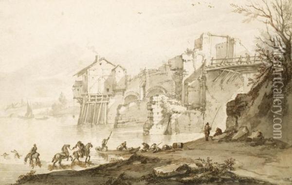 River Landscape: Figures At A Ferry Landing Below A Ruinedbridge Oil Painting - Jan Wyck