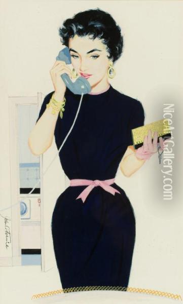 Pin-up On The Phone Oil Painting - John Finnie