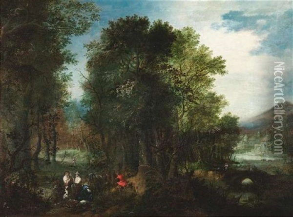 Waldlandschaft Mit Jagdgesellschaft, Rechts Ein Flus Und Schlosahnliche Gebaude Oil Painting - Roelandt Savery