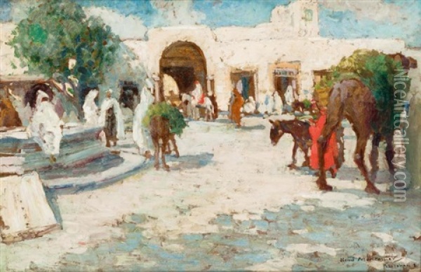 La Place De Tunis A Kairouan Oil Painting - Henri Montassier