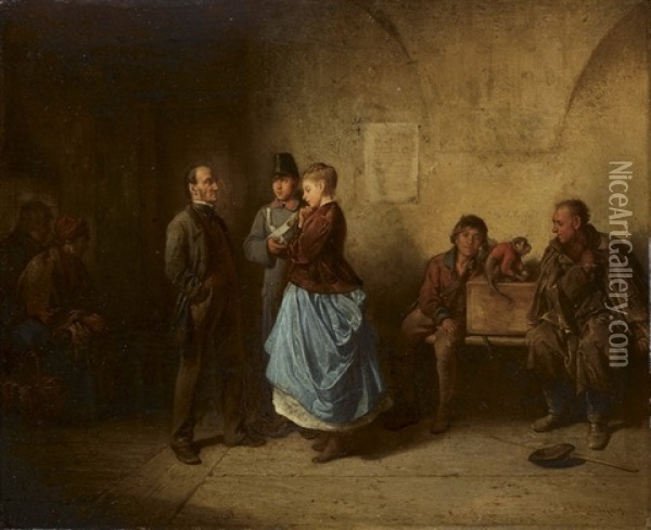 Die Befragung Einer Jungen Frau, Im Hintergrund Schausteller Mit Affchen Oil Painting - Friedrich Ritter von Malheim Friedlaender