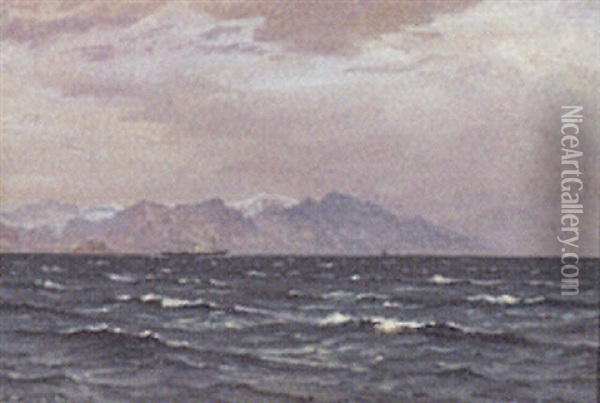Marine, Dampskib Pa Havet Udfor Kyst Oil Painting - Vilhelm Karl Ferdinand Arnesen