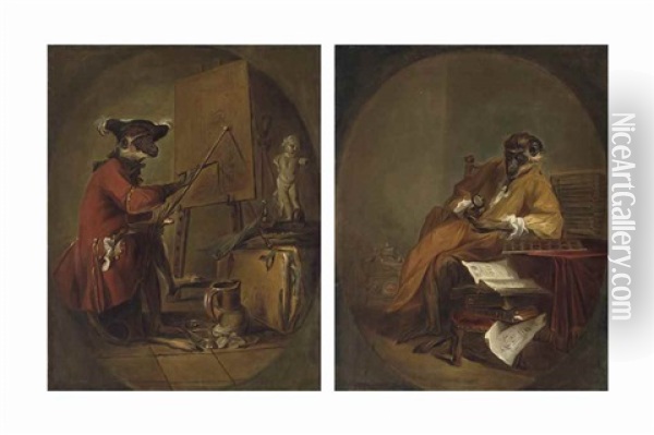 Le Singe Peintre ('the Monkey Painter'); And Le Singe Antiquaire ('the Monkey Antiquarian') Oil Painting - Jean-Baptiste-Simeon Chardin