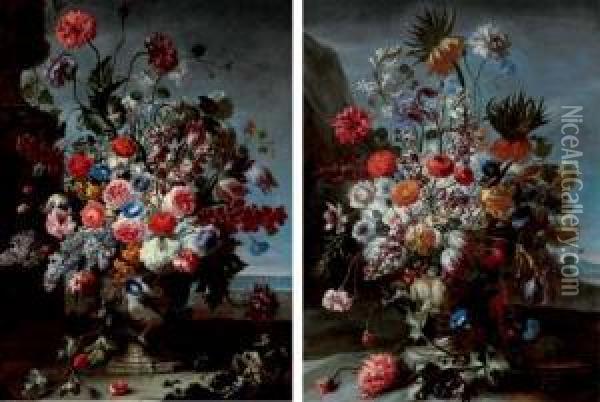 Tulips, Morning-glories, 
Carnations, Lilies And Other Flowers, In An Urn, An Extensive Landscape 
Beyond; And Lilacs, Tulips, Roses, And Other Flowers In An Urn, A 
Coastal View Beyond Oil Painting - Karel Van Vogelaer, Carlo Dei Fiori