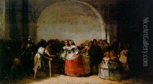 Elegant Ladies Meeting A Beggar Oil Painting - Eugenio Lucas Velazquez