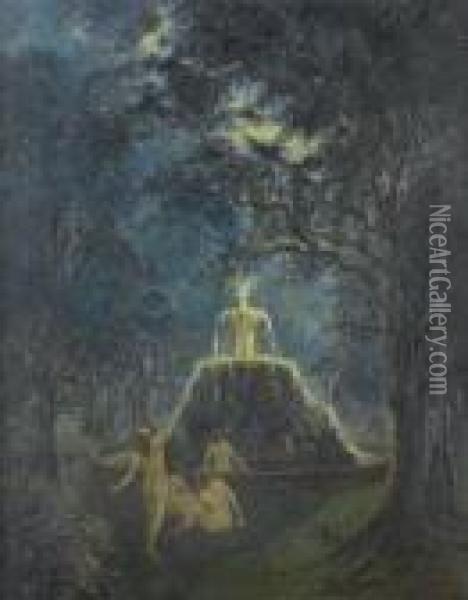 American, - Forest Nymphs Inmoonlight Oil Painting - Arthur Bowen Davies