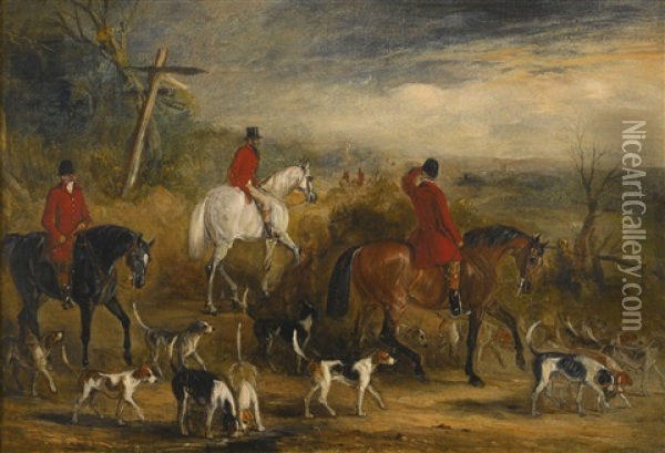 Huntsmen And Hounds At A Crossroads Oil Painting - John Ferneley Jr.