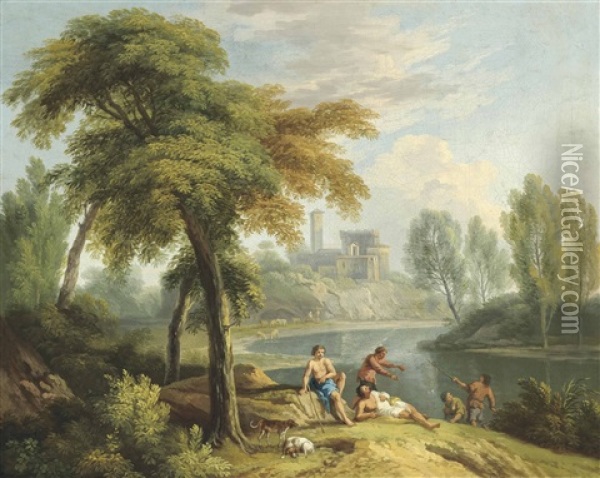 An Italianate River Landscape With Classical Figures At Rest On A Bank Oil Painting - Andrea Locatelli