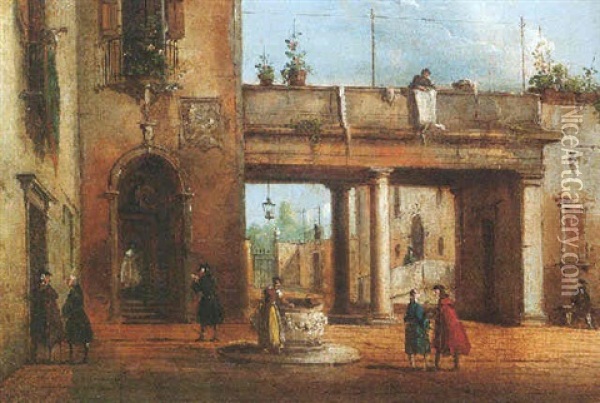 An Italian Piazza With Elegant Figures Conversing, A Woman Drawing Water From A Well Oil Painting - Giovanni Migliara