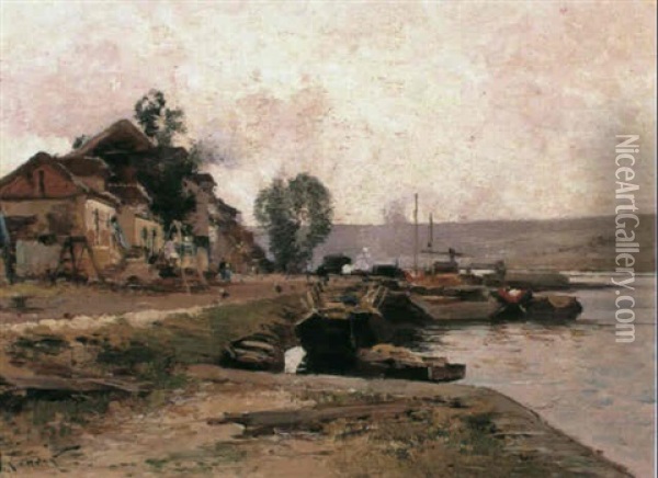 A Village By A River Oil Painting -  Marcel-Lenoir (Jules Oury)