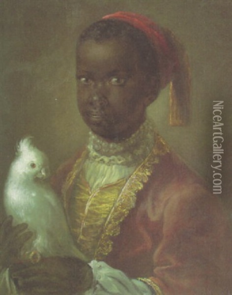 Portrait Of A Blackamoor In A Lined Coat Holding A Cockatoo Oil Painting - Alexis Grimou