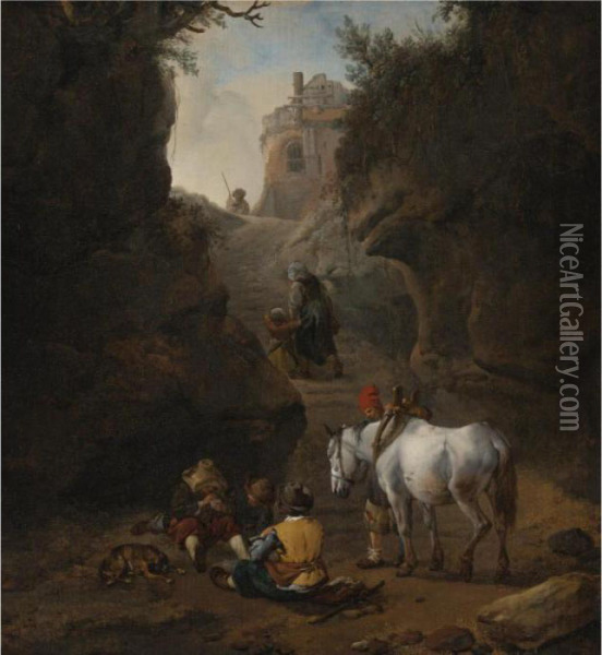 Peasants Playing Cards By A White Horse In A Rocky Gully Oil Painting - Pieter Wouwermans or Wouwerman