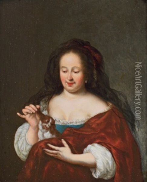Bildnis Einer Dame Mit King-charles-spaniel Welpen Oil Painting - Frans van Mieris the Elder