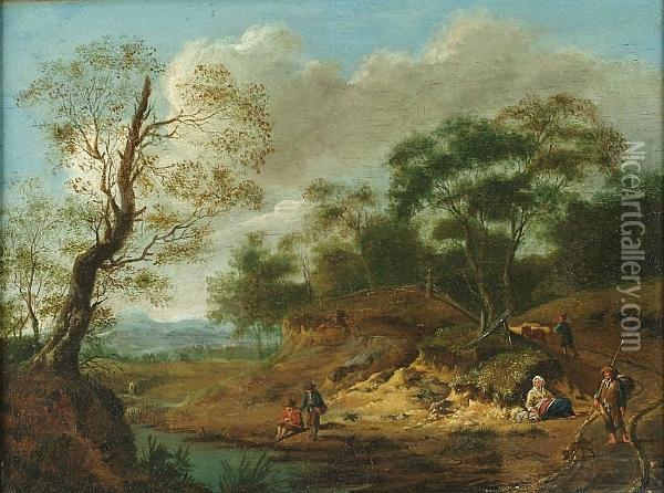 A River Landscape With Figures On The Bank, A Shepherd And His Flock On A Path Beyond Oil Painting - Jan Wijnants