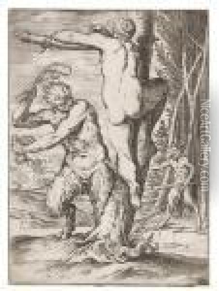 Satyr Eine Nymphe Schlagend Oil Painting - Agostino Carracci