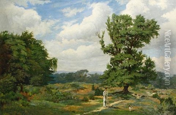 A Breezy Country Landscape With A Lady And Her Dog Oil Painting - Philip Sidney Holland