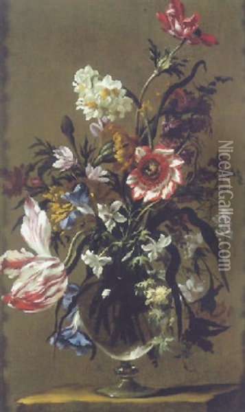 Flowers In A Glass Vase Oil Painting - Mario Nuzzi