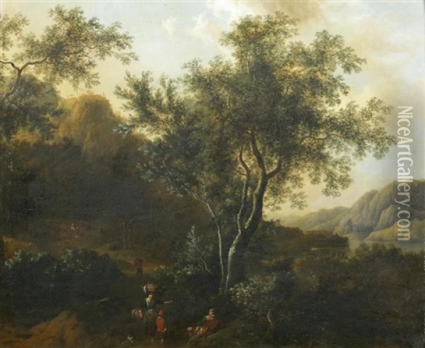 An Italianate River Landscape With Travellers On A Path Oil Painting - Frederick De Moucheron