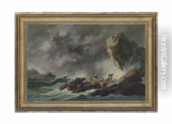 A Rocky Coastal Landscape With A Shipwreck In A Storm And Figures On The Shore Oil Painting - Jean Baptiste Pillement