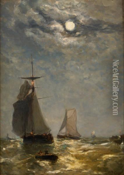 Clair De Lune Dans La Rade De Vlessingen Oil Painting - Paul-Jean Clays