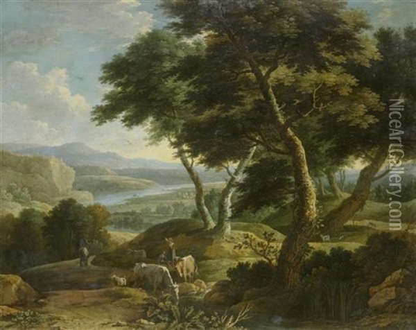 Schaferpaar Mit Herde Vor Einer Weiten Landschaft Oil Painting - Gaspar de Witte