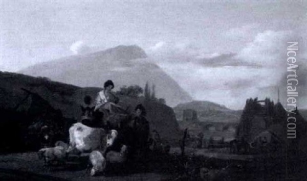 Travelers With Cow And Sheep In A Landscape Oil Painting - Claude Michel Hamon Duplessis