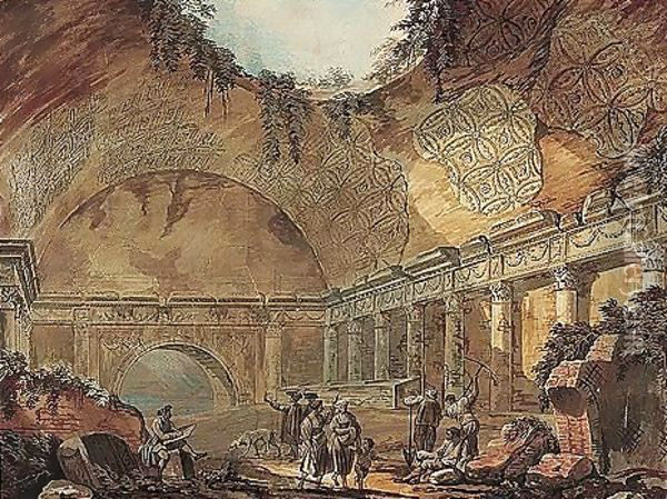 Figures In A Ruined Temple Oil Painting - Charles-Louis Clerisseau