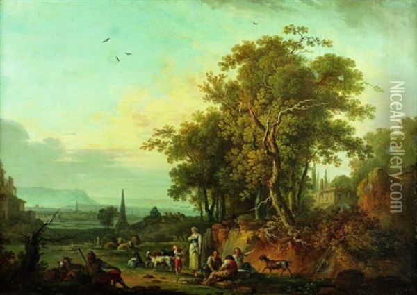 Paysans Et Leur Troupeau Se Reposant Dans Un Vaste Paysage Lacustre Oil Painting - Jean Baptiste Charles Claudot