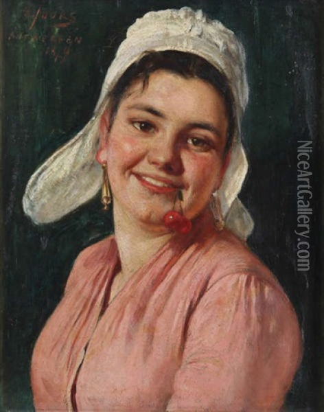 Portrait D'une Fille Zeelandaise Avec Cerises Oil Painting - Eugene Joors